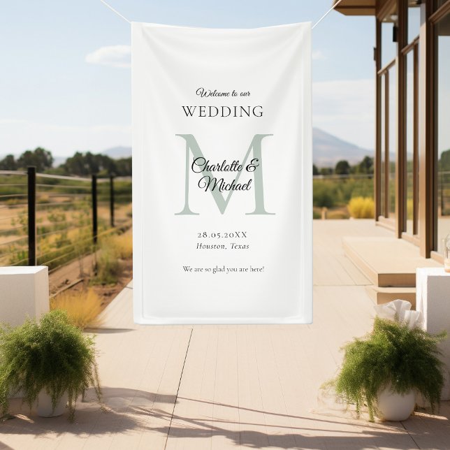 Moderne Minimal Monogram Wedding Willkommen Banner (Modern, Minimal, Monogram, Luxury, White-Green, Wedding Welcome Banner.)