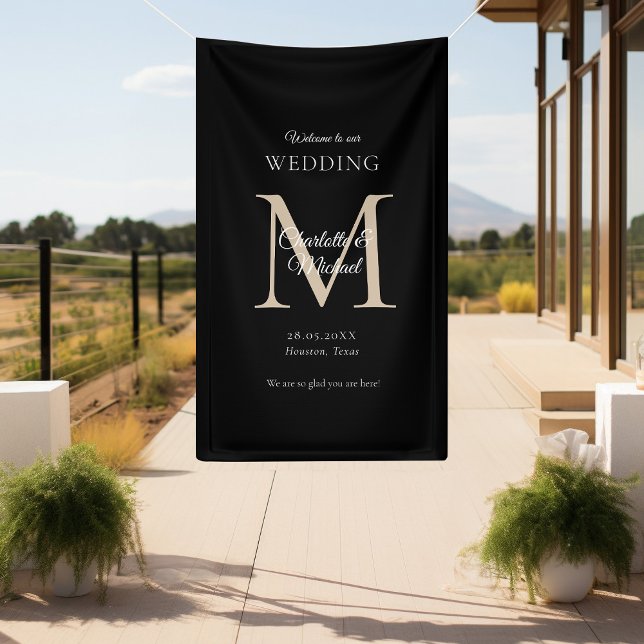 Moderne Minimal Monogram Wedding Willkommen Banner (Modern, Minimal, Monogram, Luxury, Black-Beige, Wedding Welcome Banner.)