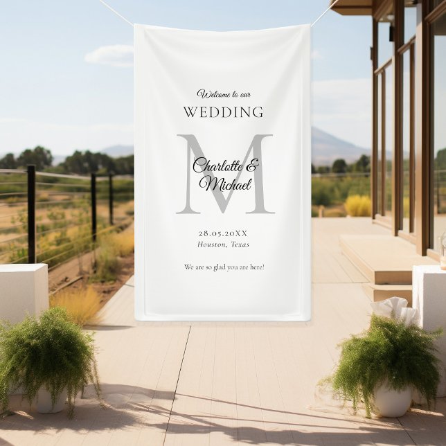 Moderne Minimal Monogram Wedding Willkommen Banner (Modern, Minimal, Monogram, Luxury, White-Gray, Wedding Welcome Banner.)