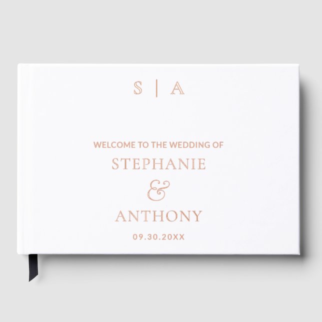 Moderne Minimal-Monogram-White-Foil-Hochzeit Gästebuch (Vorderseite)