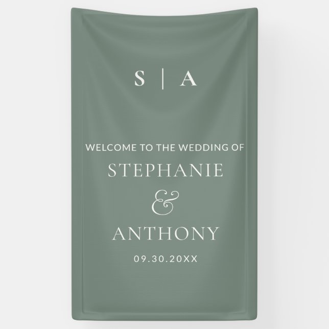 Moderne Minimal-Monogramm-Sage und Weiße Hochzeit Banner (Vertikal)