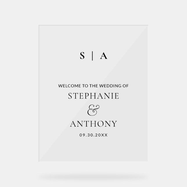 Moderne Minimal-Monogramm-Schwarz-Weiß-Hochzeit Acrylschild (Vorderseite)