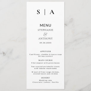 Moderne Minimal-Monogramm-Schwarz-Weiß-Hochzeit Menükarte