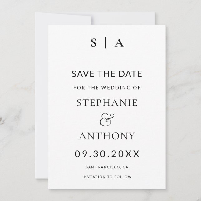 Moderne Minimal-Monogramm-Schwarz-Weiß-Hochzeit Save The Date (Vorderseite)