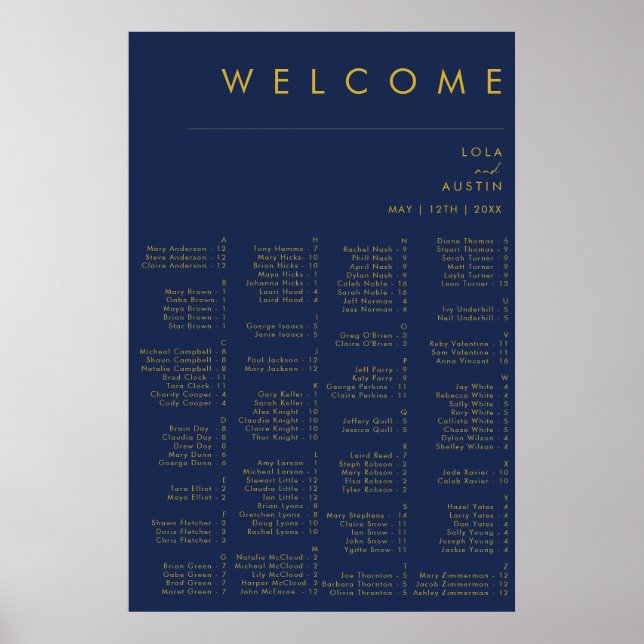 Moderne Minimal Navy Blue Gold Alphabetische Sitzp Poster (Vorne)