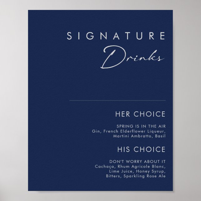 Moderne Minimal Navy Blue Silver Signature Drinks Poster (Vorne)