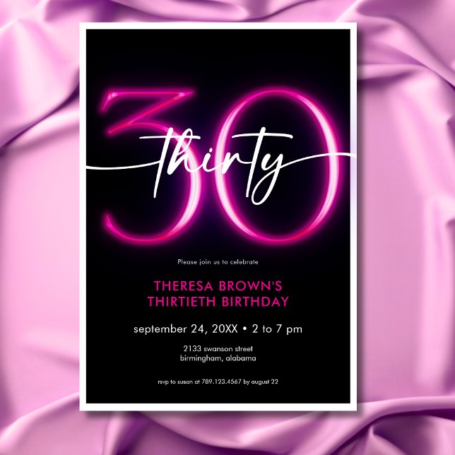 Moderne Minimal Neon Pink 30 Drehbuch Geburtstag Einladung (Modern Minimal Neon Pink Thirty Script Birthday Invitation)