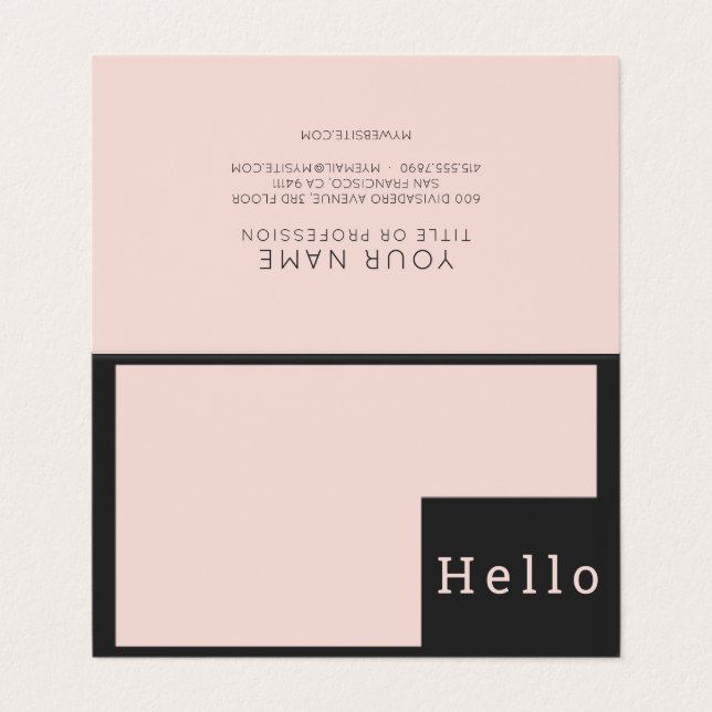 Moderne Minimal Pastel Pink & Black Hello Business Visitenkarten (Außenseite Aufgefaltet)