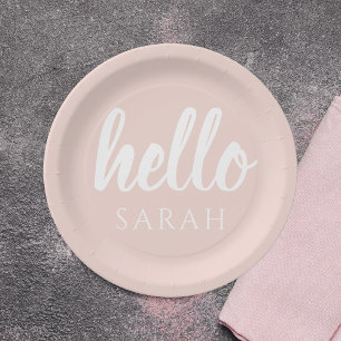Moderne Minimal Pastellrosa Hallo Und Dein Name Pappteller