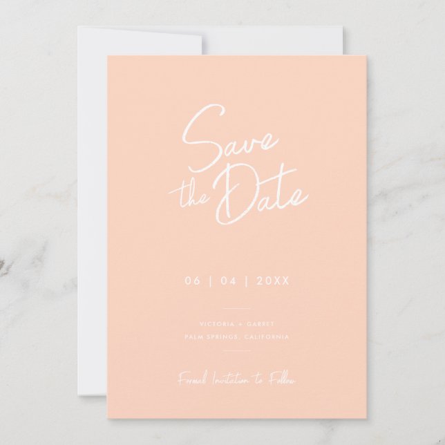 Moderne Minimal Peach Script Foto Wedding Rettete  Save The Date (Vorderseite)