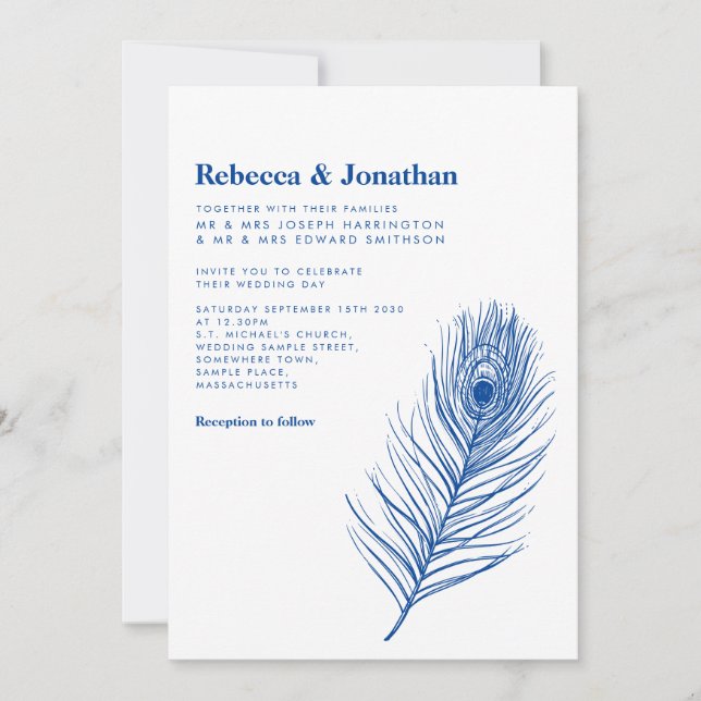 Moderne Minimal Peacock Feather Blue Wedding Einladung (Vorderseite)