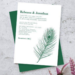 Moderne Minimal Peacock Feather Green Wedding Einladung