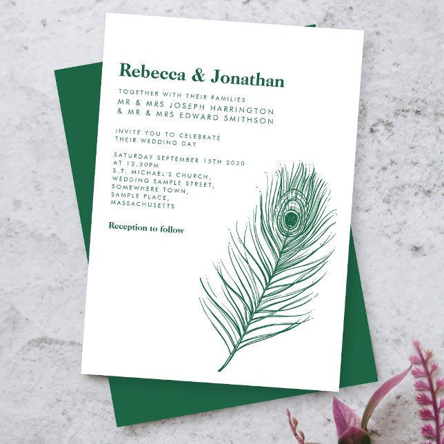 Moderne Minimal Peacock Feather Green Wedding Einladung (Von Creator hochgeladen)
