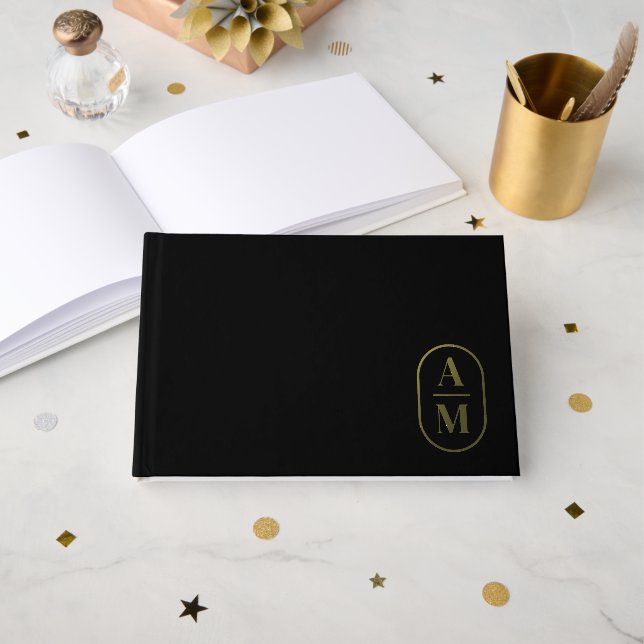 Moderne Minimal Pill Monogram - Schwarz und Gold Gästebuch (Vorderseite Offen)