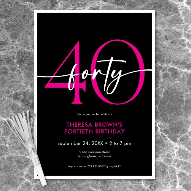 Moderne Minimal Pink 40 Script Geburtstag Einladung (Modern Minimal Pink Forty Script Birthday Invitation)