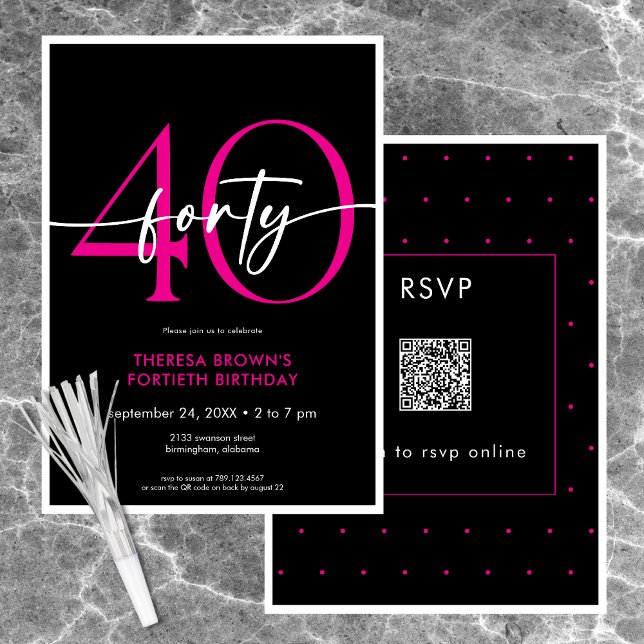 Moderne Minimal Pink 40 Script Geburtstag QR Einladung (Modern Minimal Pink Forty Script Birthday QR Invitation)