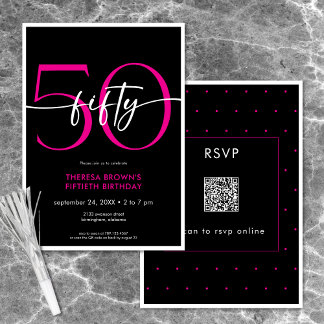 Moderne Minimal Pink 50 Script Geburtstag QR Einladung