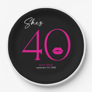 Moderne Minimal Pink Lips Sie ist vierzig Geburtst Pappteller