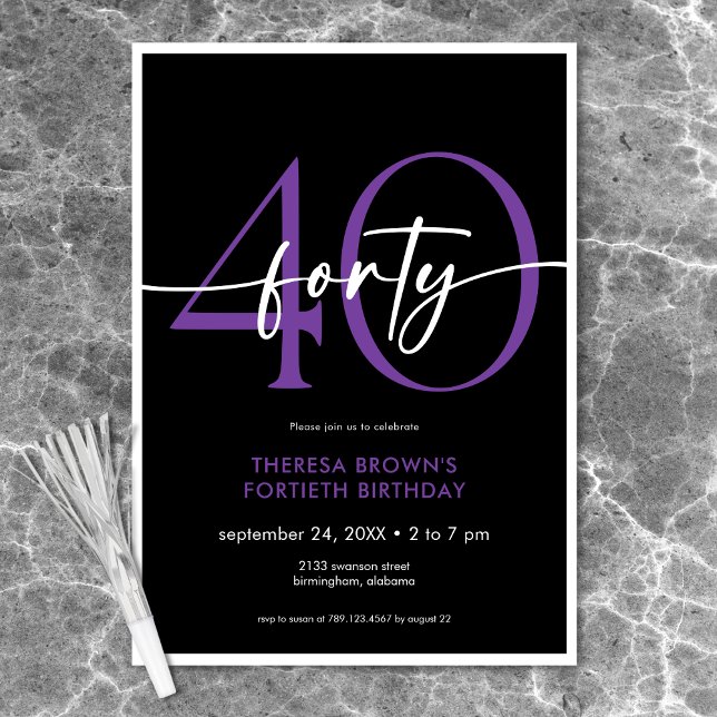 Moderne Minimal Purpur Vierzig Script Geburtstag Einladung (Modern Minimal Purple Forty Script Birthday Invitation)