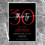 Moderne Minimal Red 30 Script Geburtstag Einladung<br><div class="desc">Die moderne und schicke Einladung zum Geburtstag verbindet klassisches Schwarz und Weiß mit hellen roten Akzenten. Es ist minimales Design ist ein einfaches und lustiges Design, um den Meilenstein Geburtstag zu feiern. Auf der Rückseite befindet sich ein Bereich für einen QR-Code für die Reaktion der UAWG. Erstellt von der einfachen...</div>