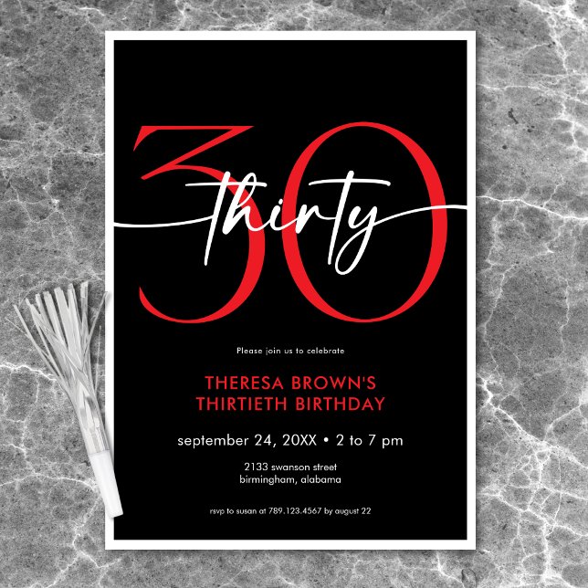 Moderne Minimal Red 30 Script Geburtstag Einladung (Modern Minimal Red Thirty Script Birthday Invitation)