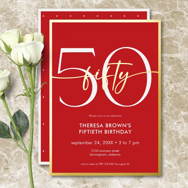 Moderne Minimal Red Fifty Script Geburtstag Folieneinladung (Modern Minimal Red Fifty Script Birthday Foil Invitation)