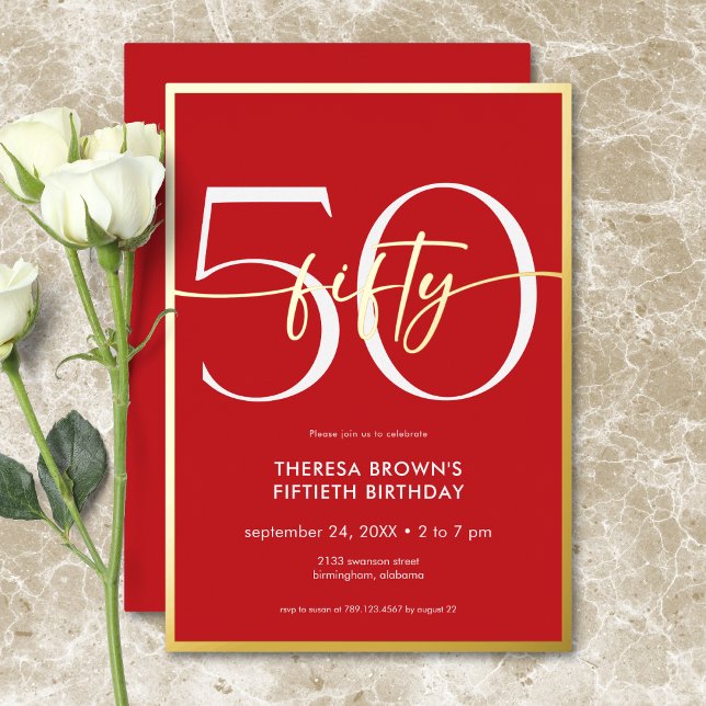 Moderne Minimal Red Fifty Script Geburtstag Folieneinladung (Modern Minimal Red Fifty Script Birthday Foil Invitation)
