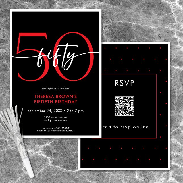 Moderne Minimal Red Fifty Script Geburtstag QR Einladung (Modern Minimal Red Fifty Script Birthday QR Invitation)