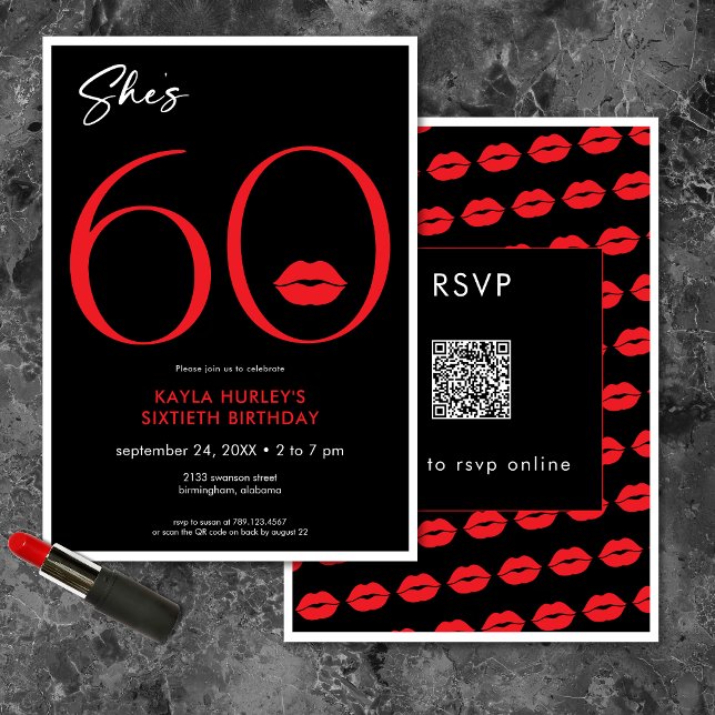 Moderne Minimal Red Lips Sie ist sechzig Geburtsta Einladung (Modern Minimal Red Lips She's Sixty Birthday QR Invitation)