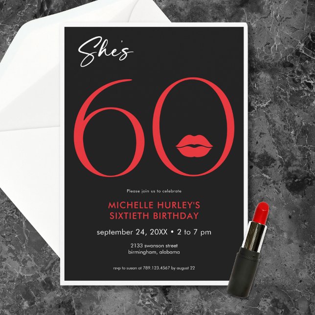 Moderne Minimal Red Lips Sie ist sechzig Geburtsta Einladung (Modern Minimal Red Lips She's Sixty Birthday Invitation)