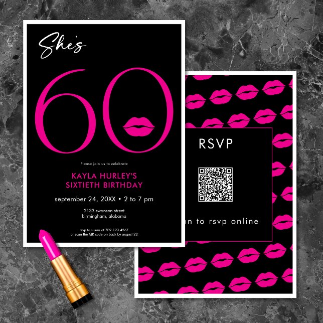 Moderne Minimal Red Lips Sie ist sechzig Geburtsta Einladung (Modern Minimal Pink Lips She's Sixty Birthday QR Invitation)
