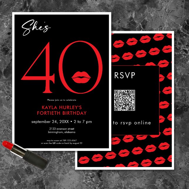 Moderne Minimal Red Lips Sie ist vierzig Geburtsta Einladung (Modern Minimal Red Lips She's Forty Birthday QR Invitation)