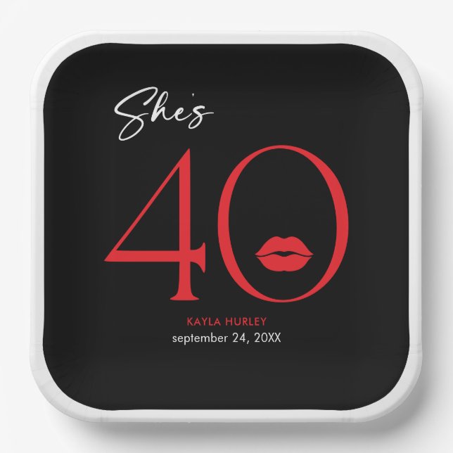 Moderne Minimal Red Lips Sie ist vierzig Geburtsta Pappteller (Vorderseite)