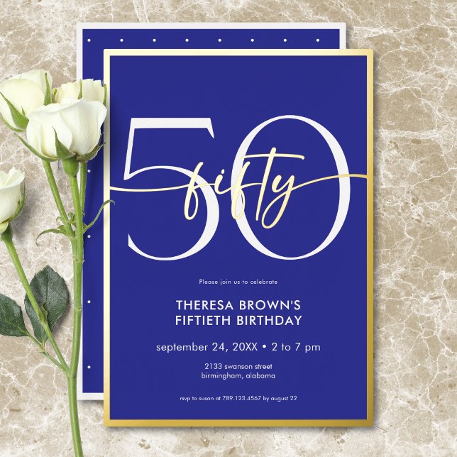 Moderne Minimal Royal Blue Fifty Script Geburtstag Folieneinladung (Modern Minimal Royal Blue Fifty Script Birthday Foil Invitation)