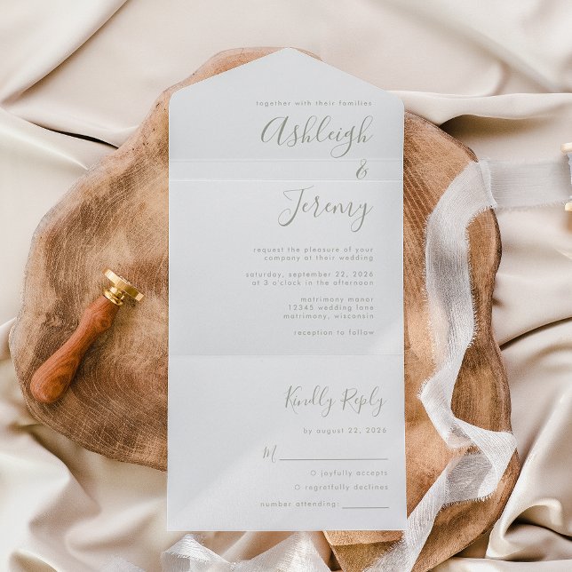 Moderne Minimal Sage Green Script Hochzeit All In One Einladung (Von Creator hochgeladen)