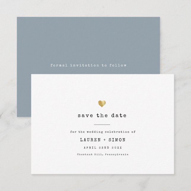 Moderne Minimal Schreibmaschine Gold Wedding Dusty Save The Date (Vorne/Hinten)