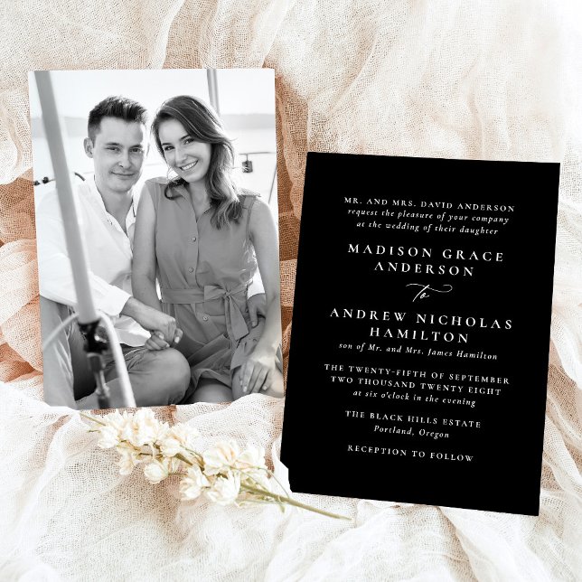Moderne Minimal Schwarz-Weiß-Foto-Hochzeit Einladung (Von Creator hochgeladen)