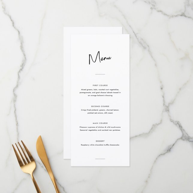 Moderne Minimal Schwarz-Weiß-Script-Hochzeit Menükarte (Vorderseite/Rückseite Beispiel)