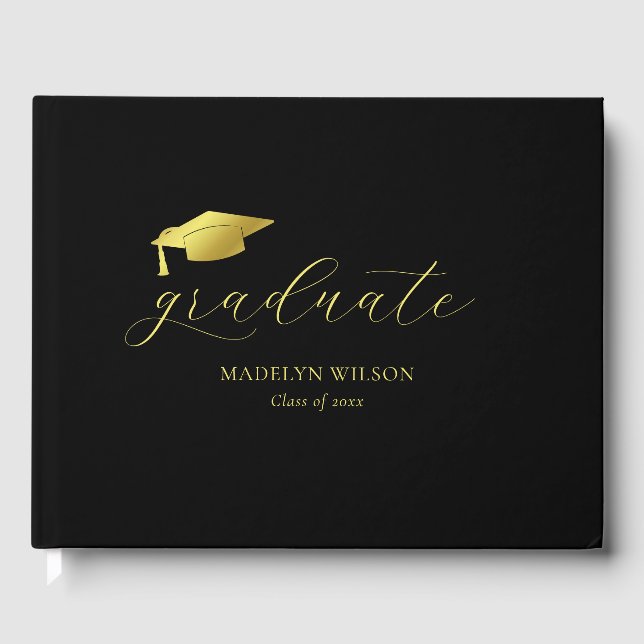 Moderne Minimal Script Black Gold Graduation Party Gästebuch (Vorderseite)