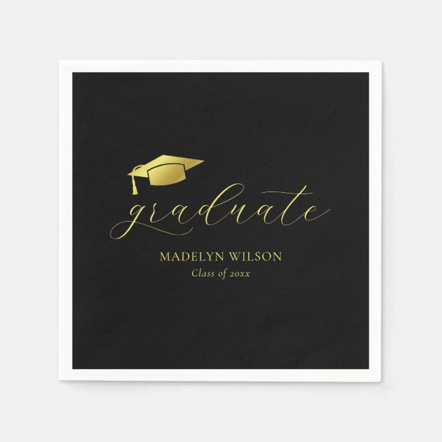 Moderne Minimal Script Black Gold Graduation Party Serviette (Vorderseite)