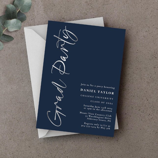 Moderne Minimal Script Blue Silver Graduation Part Folieneinladung (Von Creator hochgeladen)