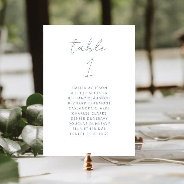 Moderne Minimal Script Dusty Blue Wedding Tischnummer (Von Creator hochgeladen)