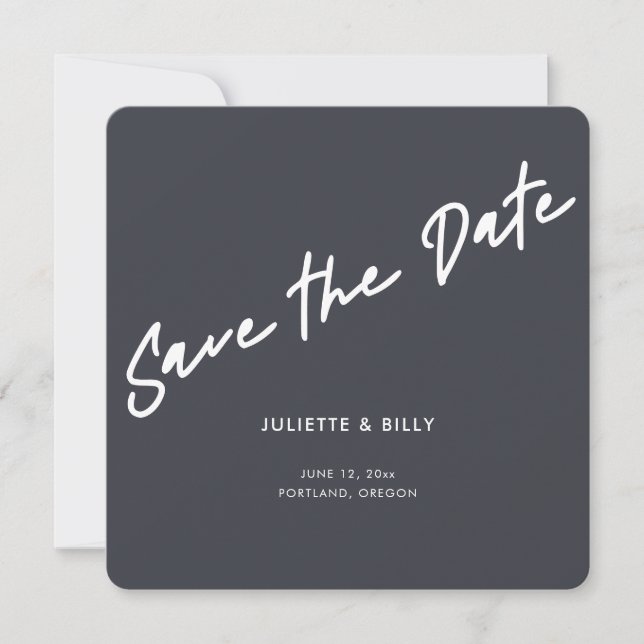 Moderne Minimal Script Gray Square Wedding Save The Date (Vorderseite)