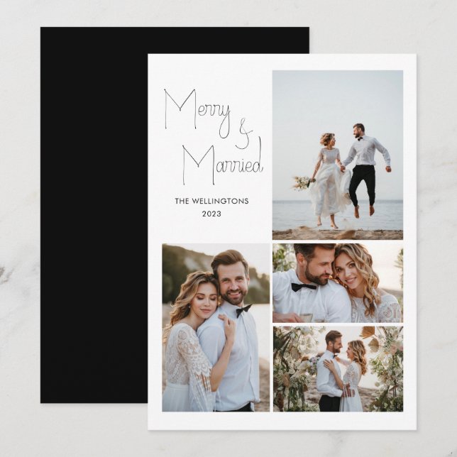 Moderne Minimal Script Multi-Foto Hochzeit Feiertagskarte (Vorne/Hinten)