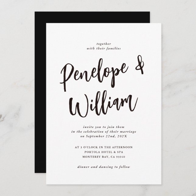 Moderne Minimal-Script Schwarz-Weiß-Hochzeit Einladung (Vorne/Hinten)