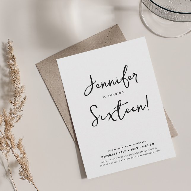 Moderne Minimal Script Sweet 16 Black & White Einladung (Modern Minimal Script Sweet 16 Black & White Invitation)