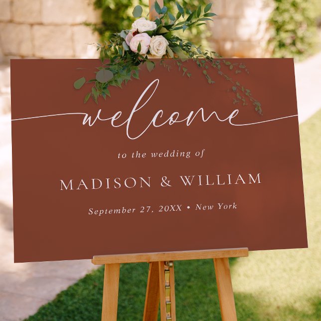 Moderne Minimal Script Terracotta Wedding Willkomm Poster (Von Creator hochgeladen)
