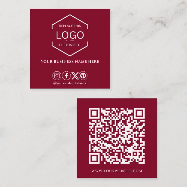 Moderne Minimal Social Media QR Code Burgundy Quadratische Visitenkarte (Vorne/Hinten)