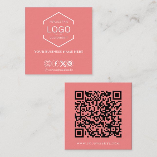 Moderne Minimal Social Media QR Code Coral Quadratische Visitenkarte (Vorne/Hinten)