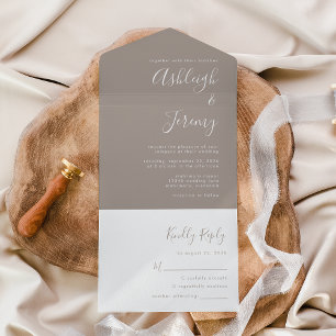 Moderne Minimal-Taupe-Hochzeitsschrift All In One Einladung